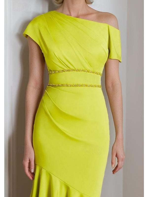 Short Sleeve Tea Length One Shoulder Strappy Charmeuse Mother of the Bride Dresses
