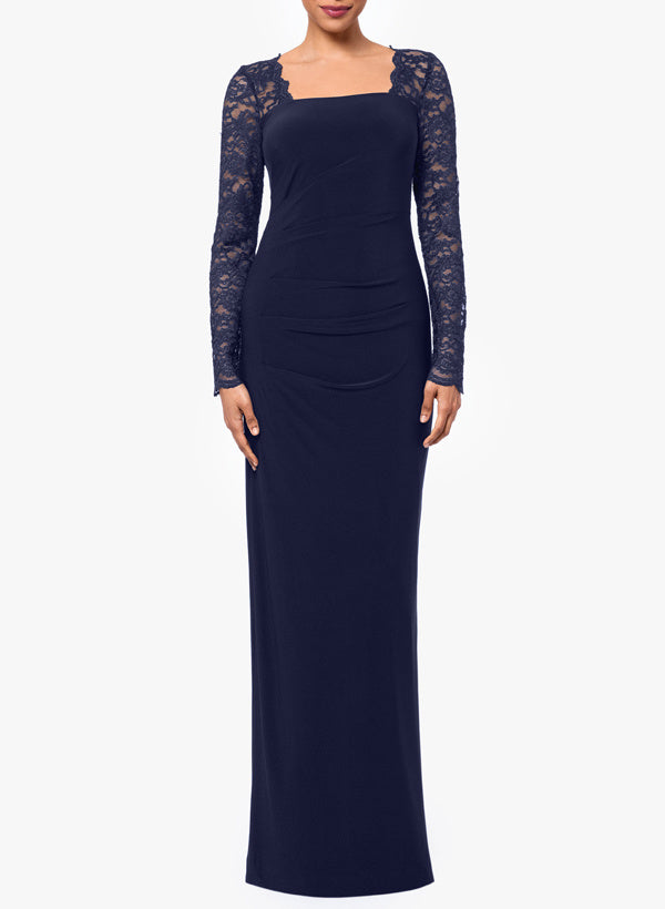 Sheath/Column Square Neck Floor Length Long Sleeve Mother of the Bride Dresses Jersey With Lace