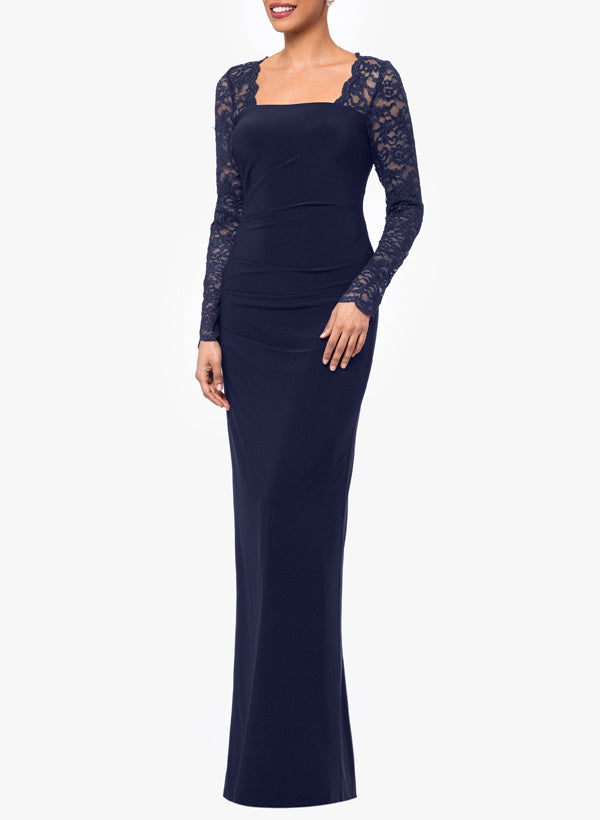 Sheath/Column Square Neck Floor Length Long Sleeve Mother of the Bride Dresses Jersey With Lace