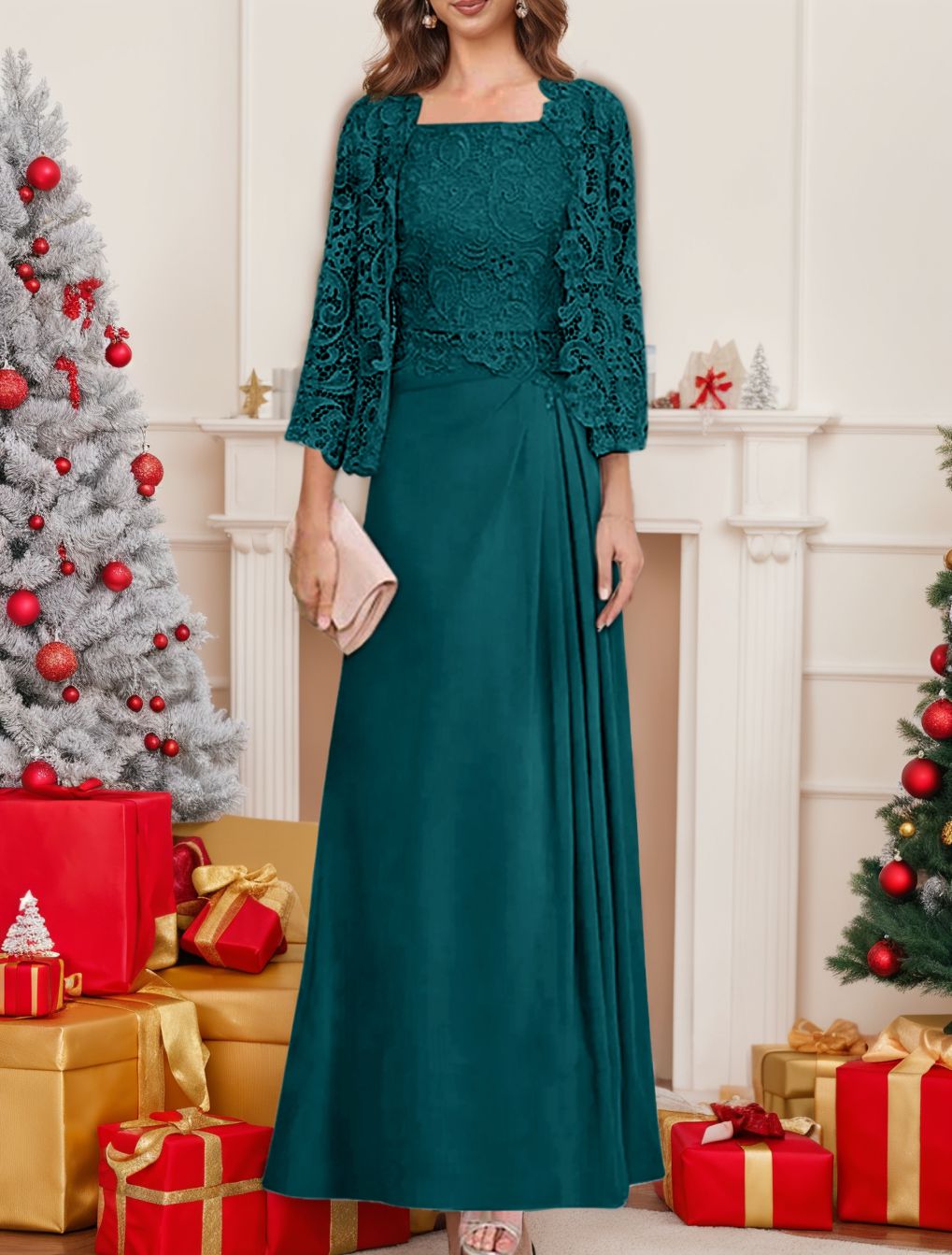 2 Pieces A-Line/Princess Scoop Floor-Length Mother of the Bride Dresses with Pleated & Lace Appliques