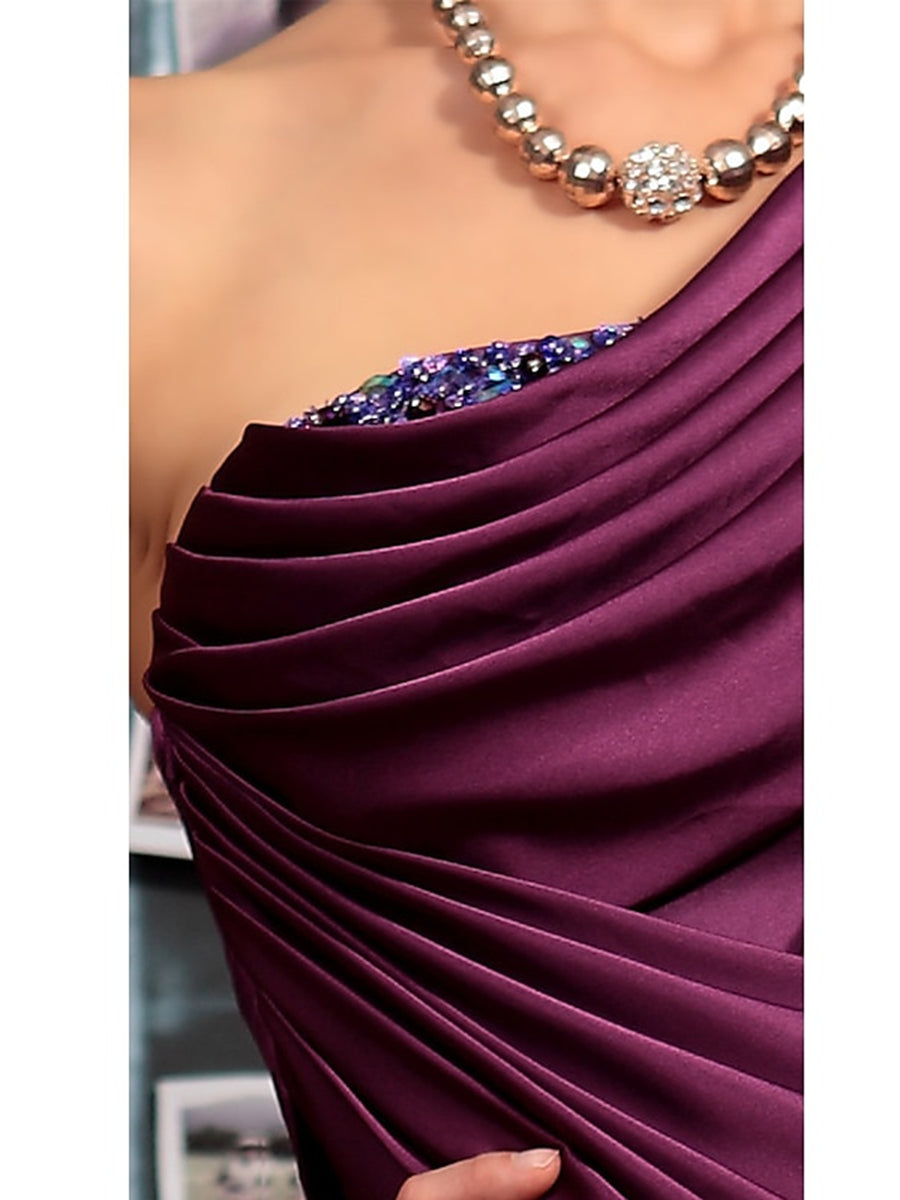 Sheath One Shoulder Sleeveless Floor Length Mother of the Bride Dresses with Pleats Crystals Draping