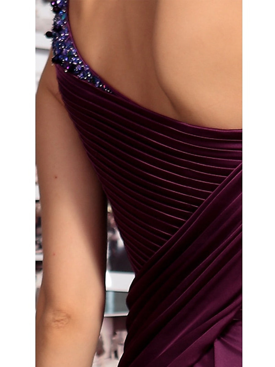 Sheath One Shoulder Sleeveless Floor Length Mother of the Bride Dresses with Pleats Crystals Draping