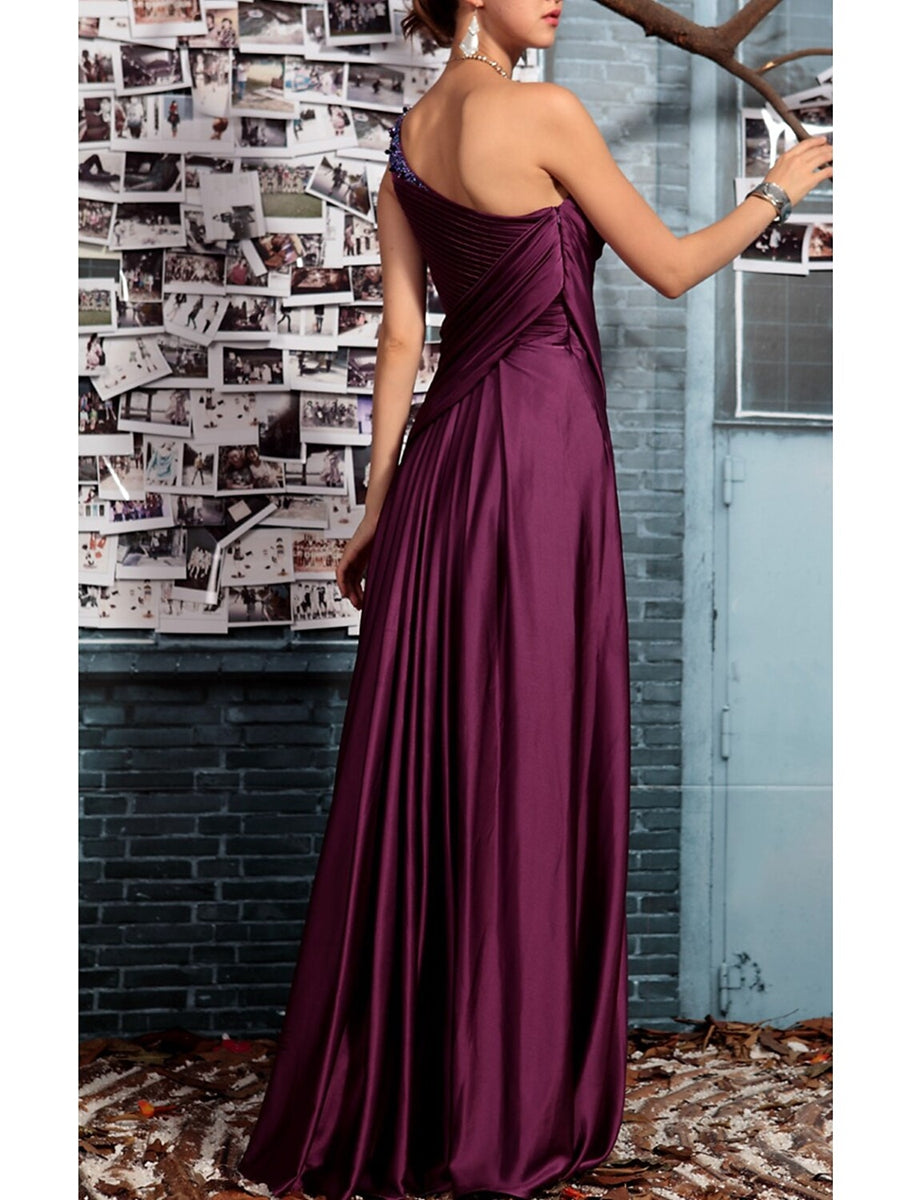 Sheath One Shoulder Sleeveless Floor Length Mother of the Bride Dresses with Pleats Crystals Draping