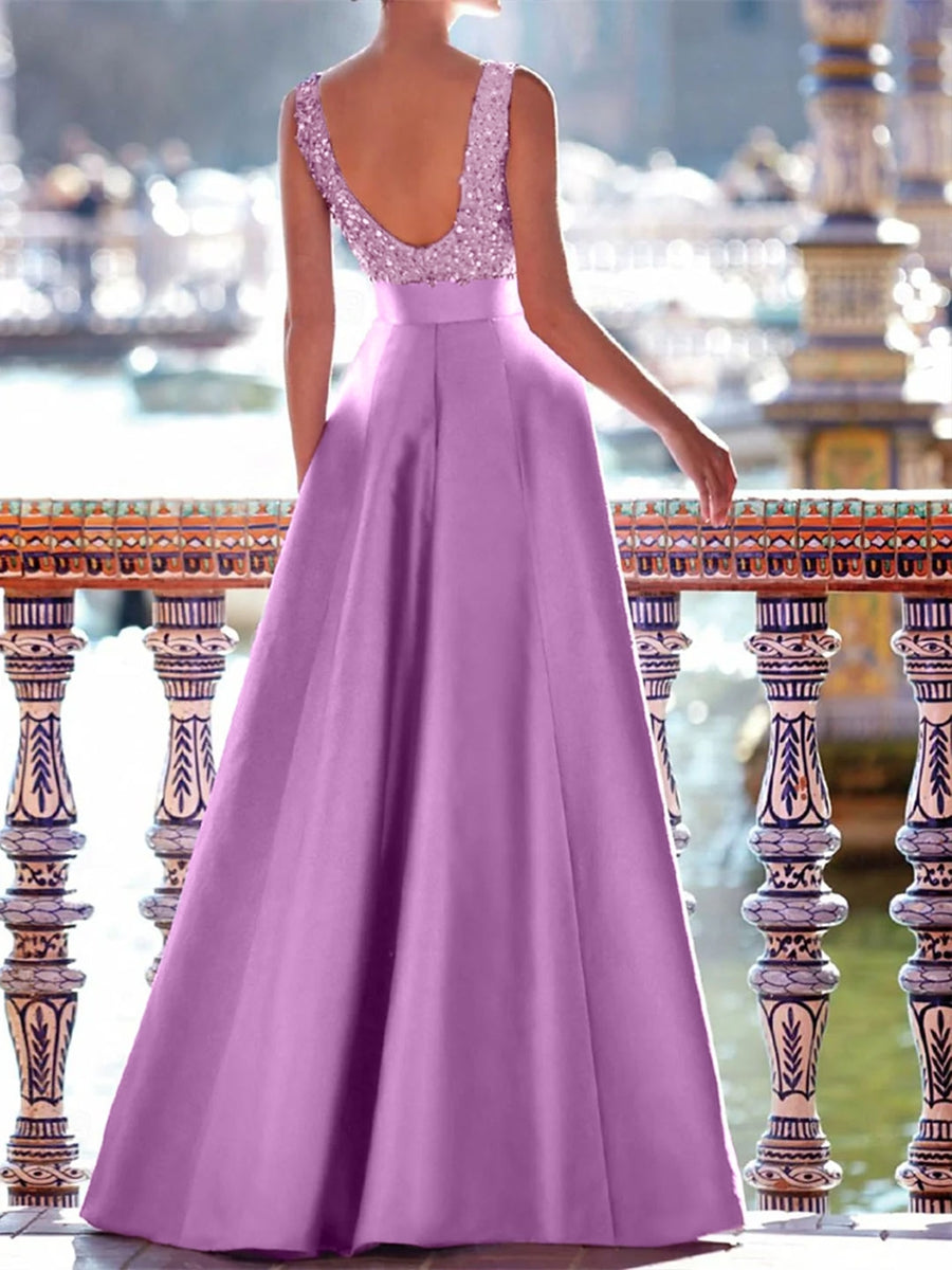 A-Line Floor Length Sleeveless V Neck Prom Dress Pocket Satin with Pearls