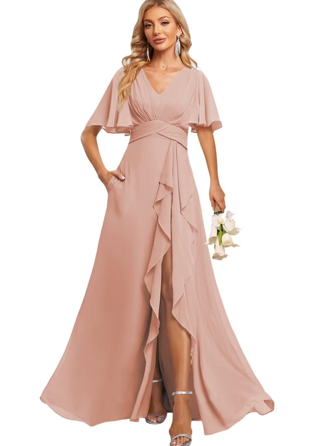 A Line V Neck Flutter Sleeve Floor Length Bridesmaid Dresses with Pockets with Slit Ruffles
