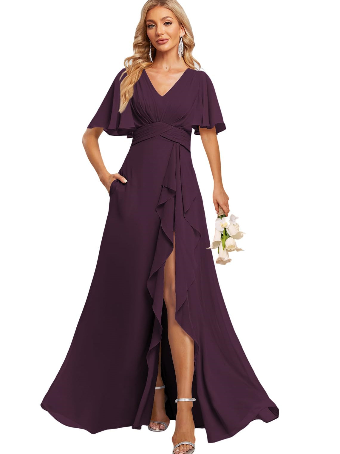 A Line V Neck Flutter Sleeve Floor Length Bridesmaid Dresses with Pockets with Slit Ruffles