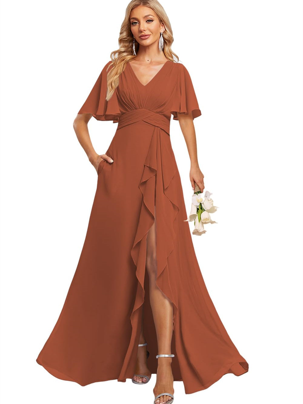A Line V Neck Flutter Sleeve Floor Length Bridesmaid Dresses with Pockets with Slit Ruffles