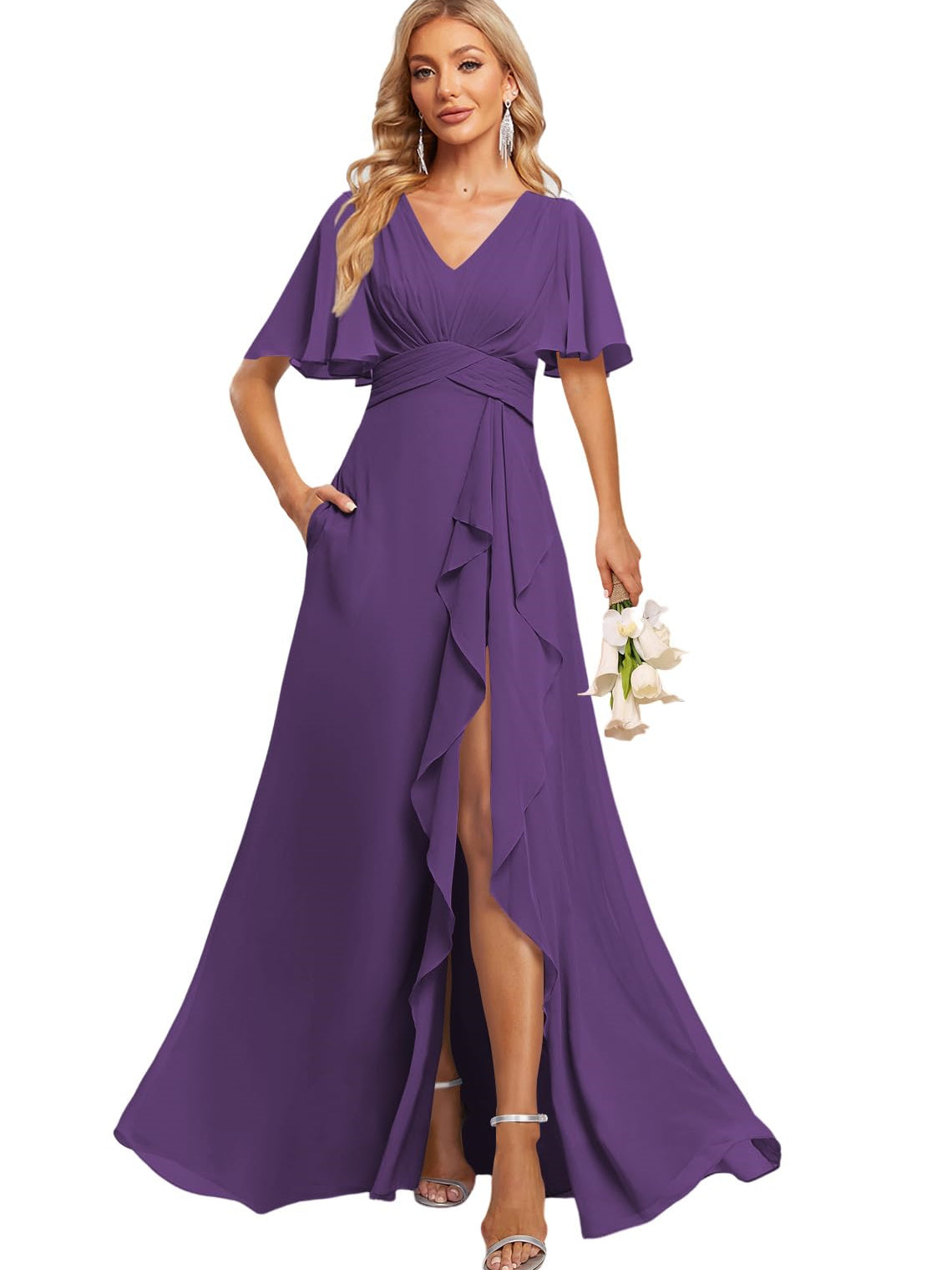 A Line V Neck Flutter Sleeve Floor Length Bridesmaid Dresses with Pockets with Slit Ruffles