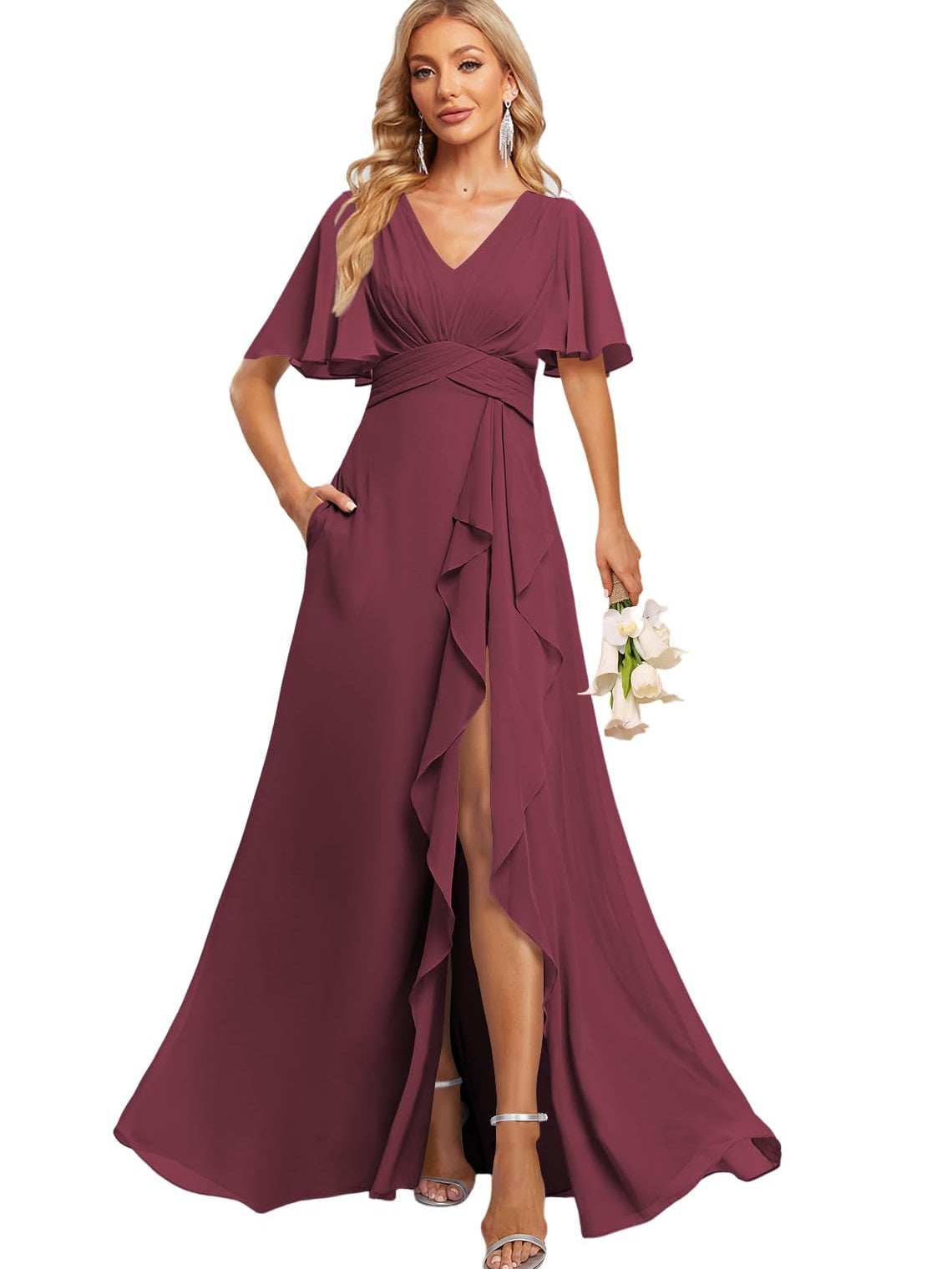 A Line V Neck Flutter Sleeve Floor Length Bridesmaid Dresses with Pockets with Slit Ruffles