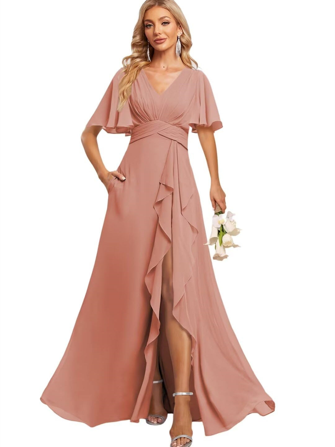 A Line V Neck Flutter Sleeve Floor Length Bridesmaid Dresses with Pockets with Slit Ruffles