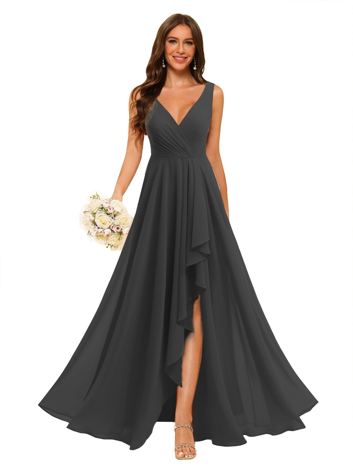 A-Line/Princess V Neck Sleeveless Floor Length Bridesmaid Dresses Chiffon with Slit Pockets
