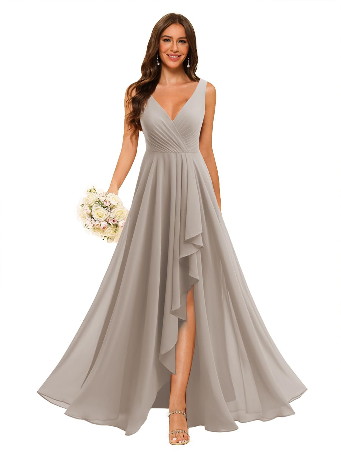 A-Line/Princess V Neck Sleeveless Floor Length Bridesmaid Dresses Chiffon with Slit Pockets