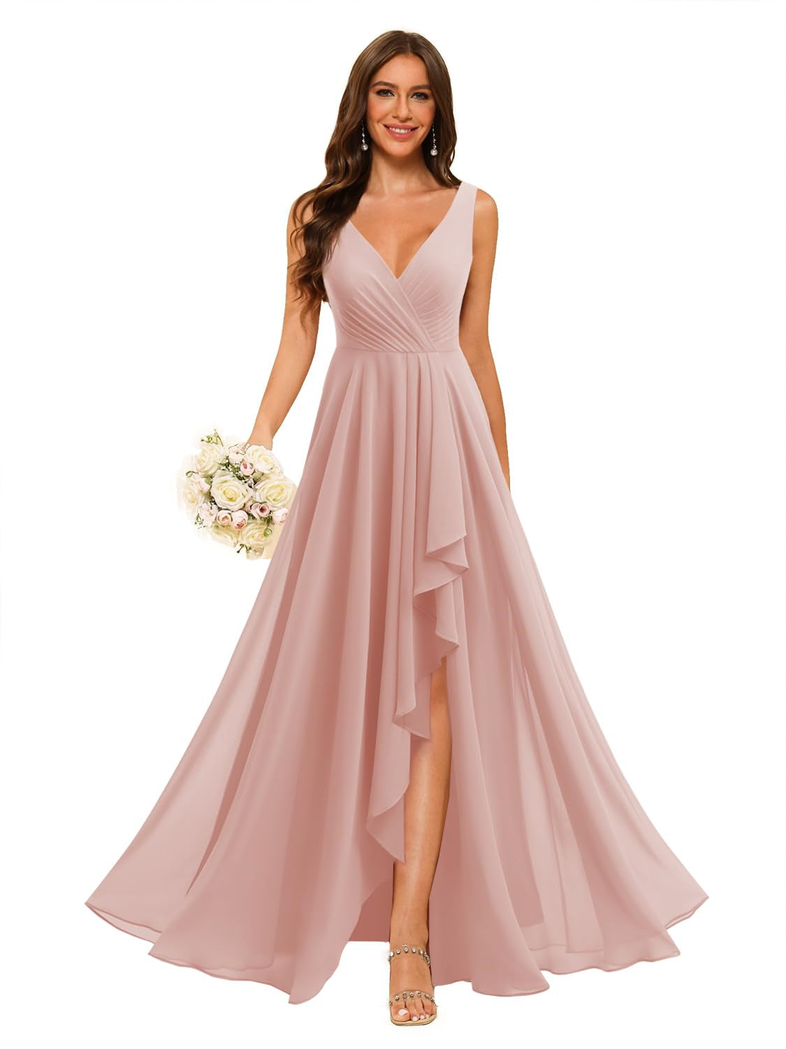 A-Line/Princess V Neck Sleeveless Floor Length Bridesmaid Dresses Chiffon with Slit Pockets