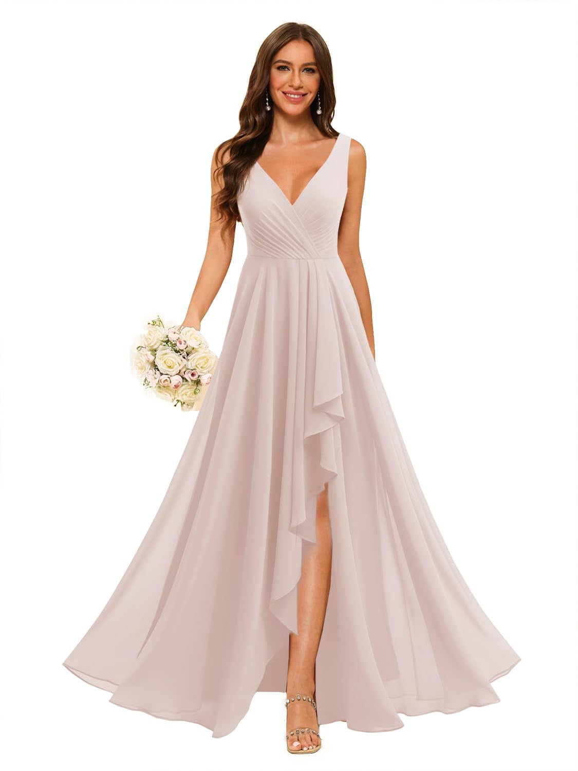A-Line/Princess V Neck Sleeveless Floor Length Bridesmaid Dresses Chiffon with Slit Pockets