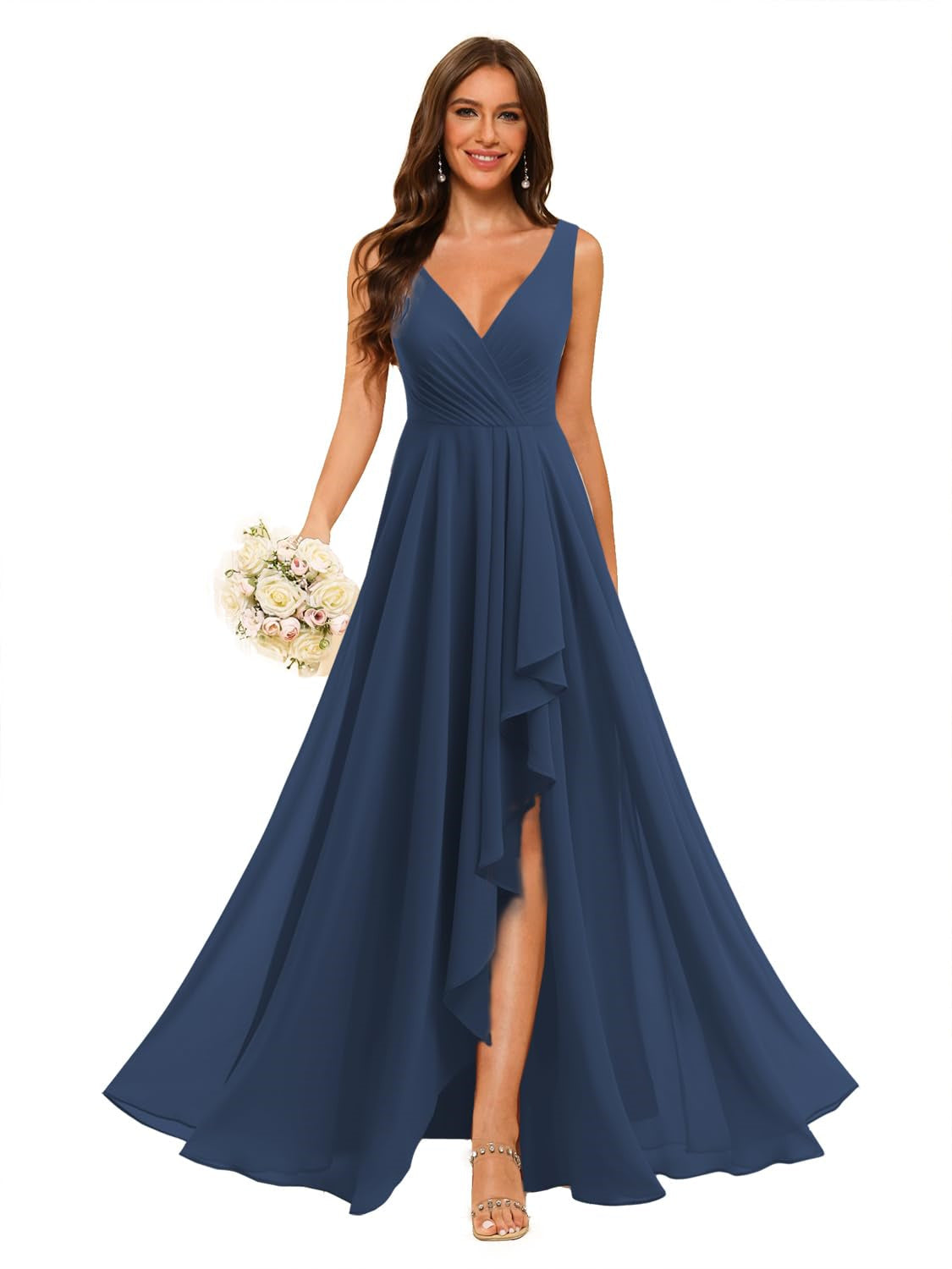 A-Line/Princess V Neck Sleeveless Floor Length Bridesmaid Dresses Chiffon with Slit Pockets