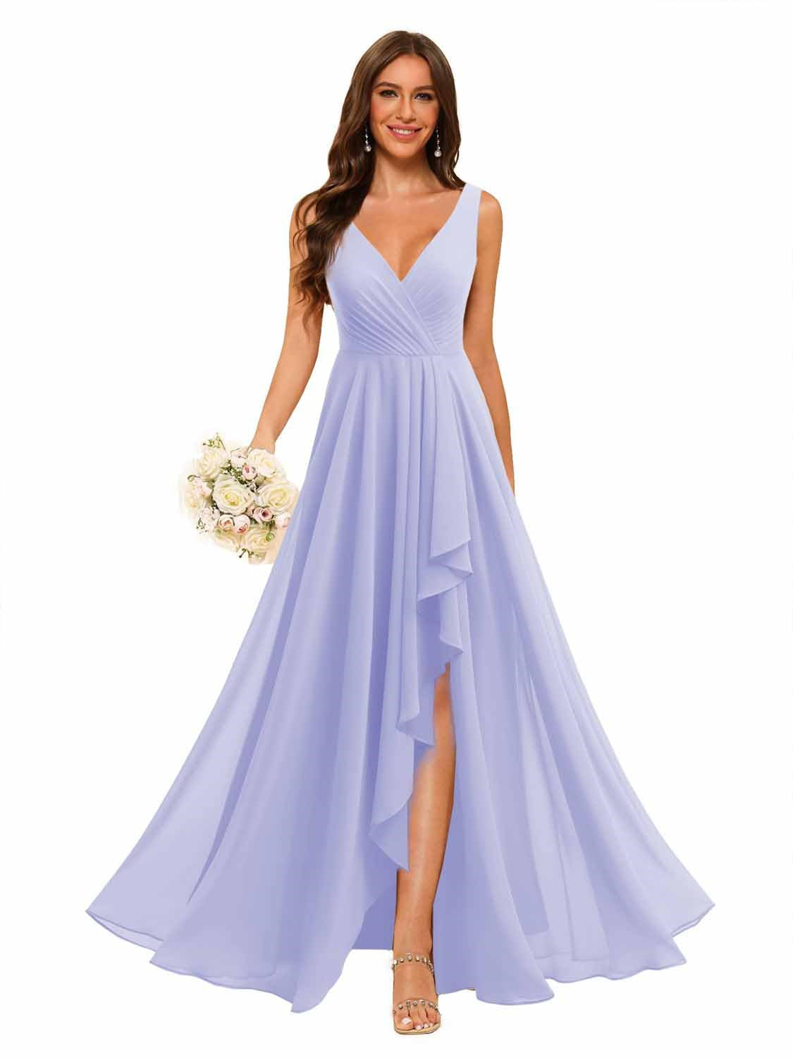 A-Line/Princess V Neck Sleeveless Floor Length Bridesmaid Dresses Chiffon with Slit Pockets