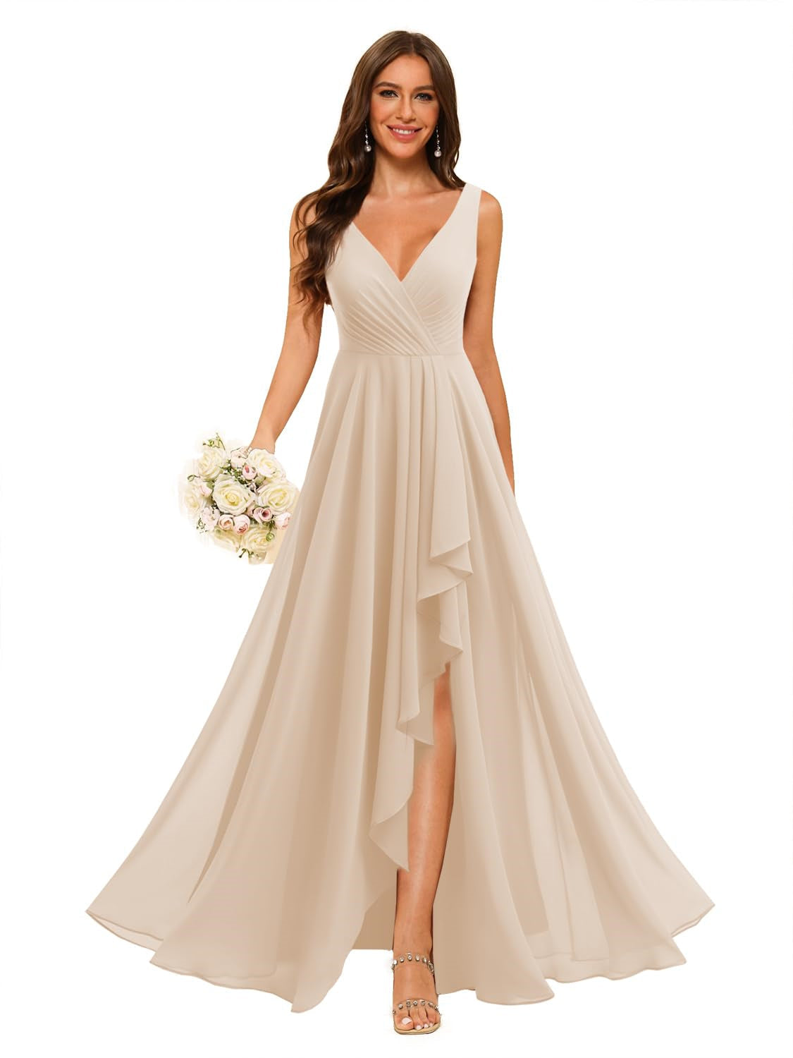A-Line/Princess V Neck Sleeveless Floor Length Bridesmaid Dresses Chiffon with Slit Pockets