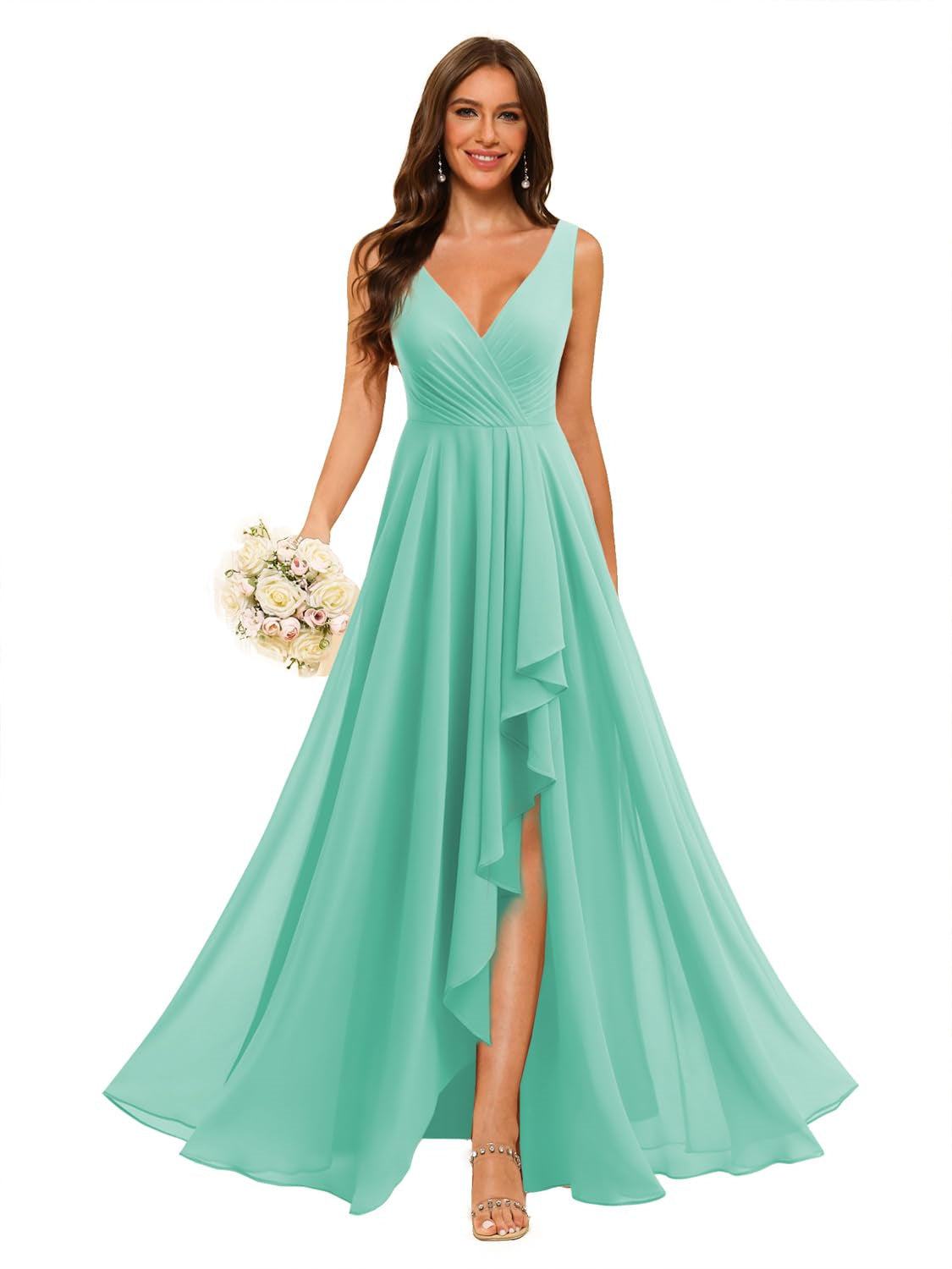 A-Line/Princess V Neck Sleeveless Floor Length Bridesmaid Dresses Chiffon with Slit Pockets