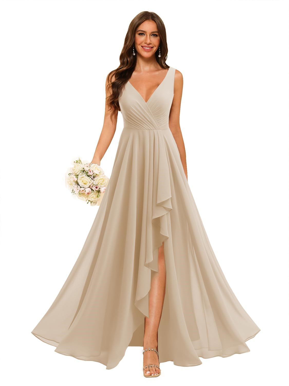 A-Line/Princess V Neck Sleeveless Floor Length Bridesmaid Dresses Chiffon with Slit Pockets