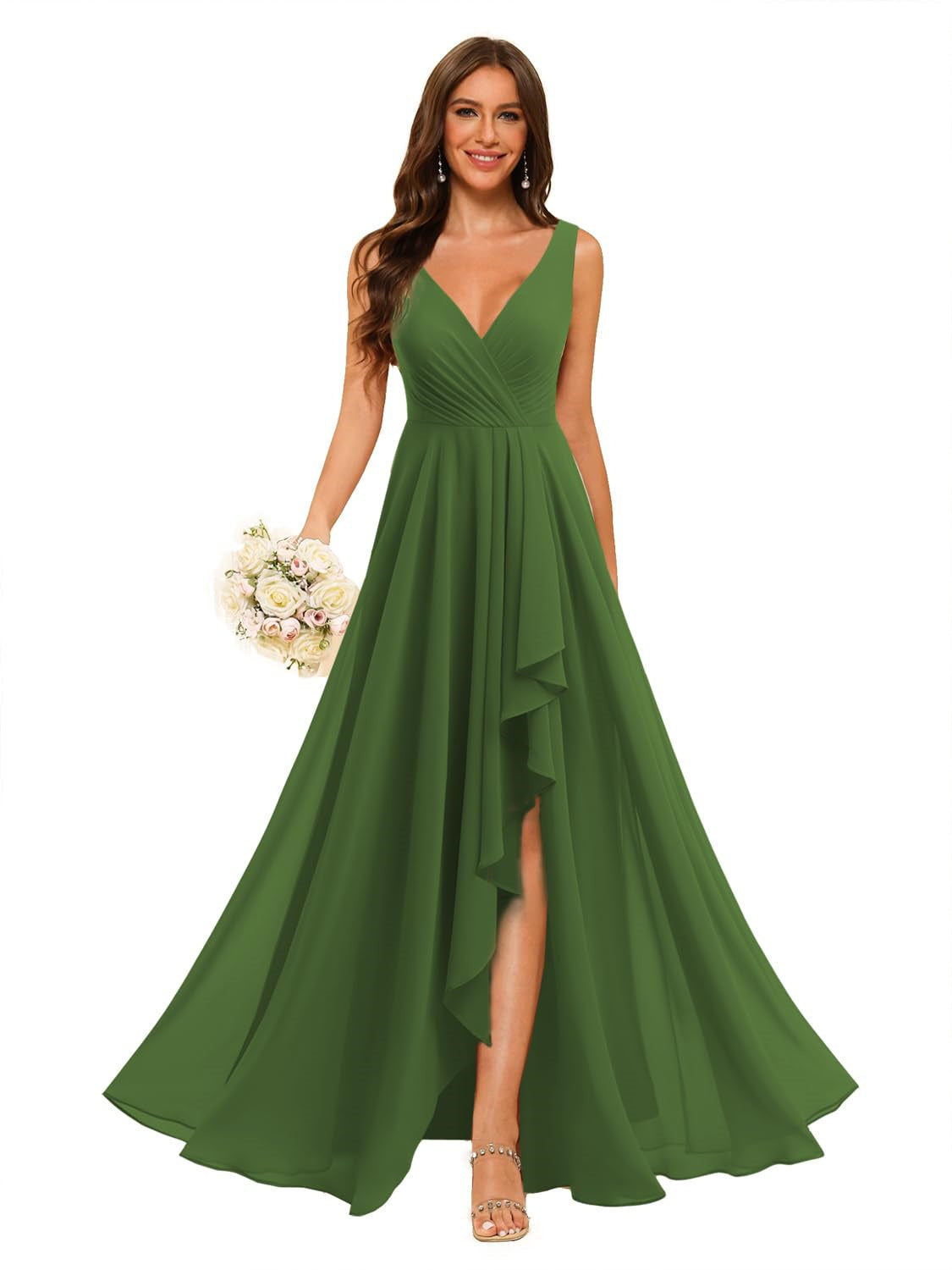 A-Line/Princess V Neck Sleeveless Floor Length Bridesmaid Dresses Chiffon with Slit Pockets
