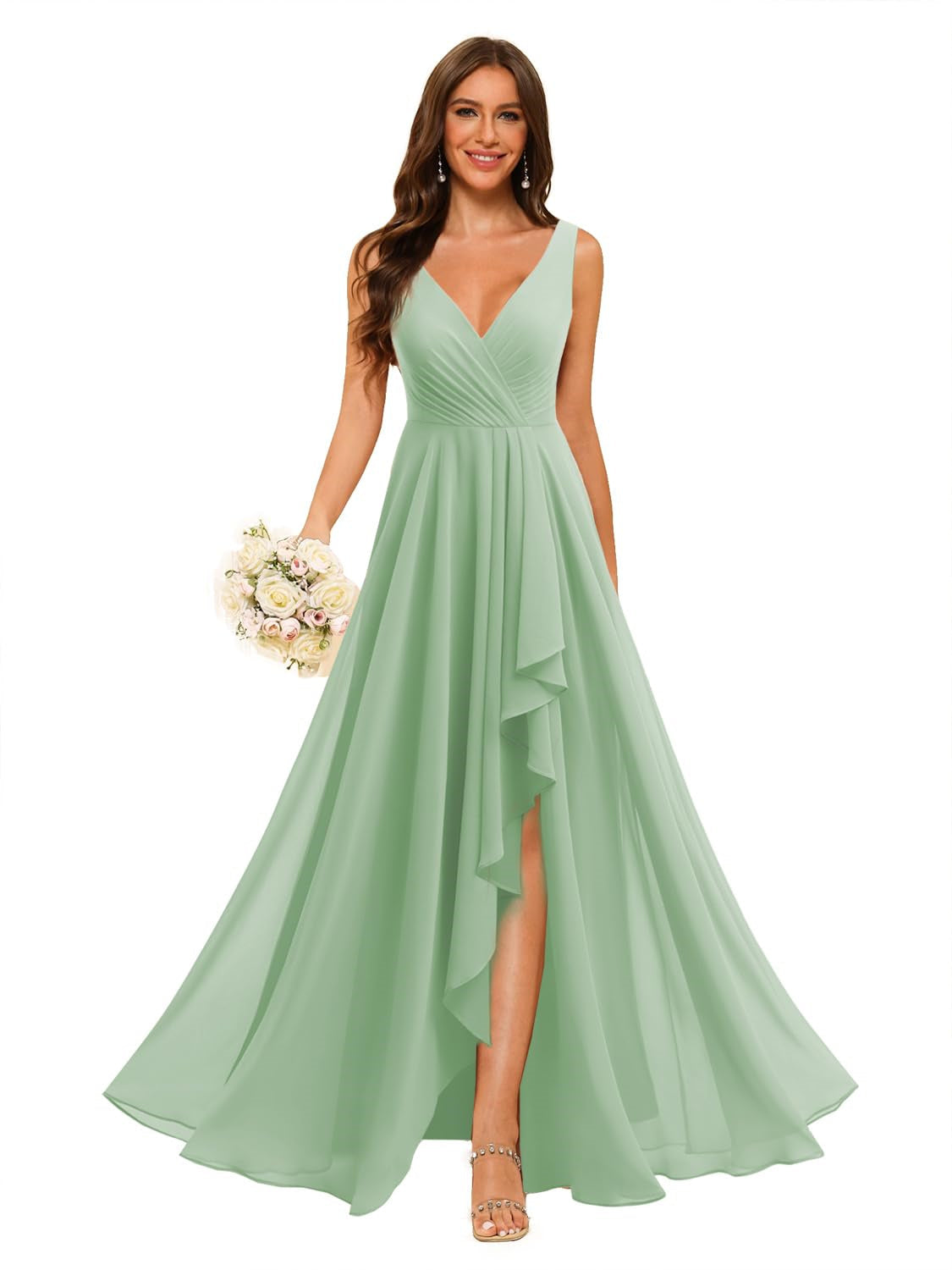 A-Line/Princess V Neck Sleeveless Floor Length Bridesmaid Dresses Chiffon with Slit Pockets