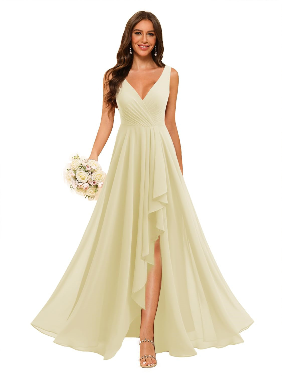 A-Line/Princess V Neck Sleeveless Floor Length Bridesmaid Dresses Chiffon with Slit Pockets