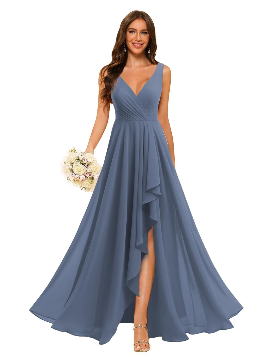A-Line/Princess V Neck Sleeveless Floor Length Bridesmaid Dresses Chiffon with Slit Pockets