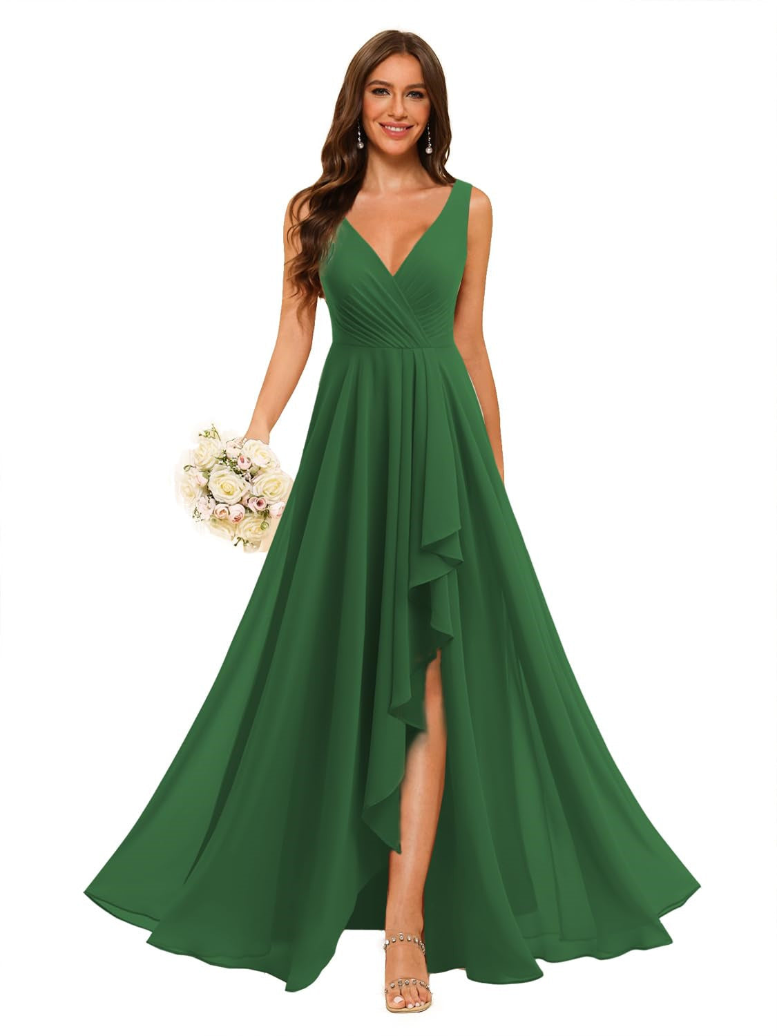 A-Line/Princess V Neck Sleeveless Floor Length Bridesmaid Dresses Chiffon with Slit Pockets