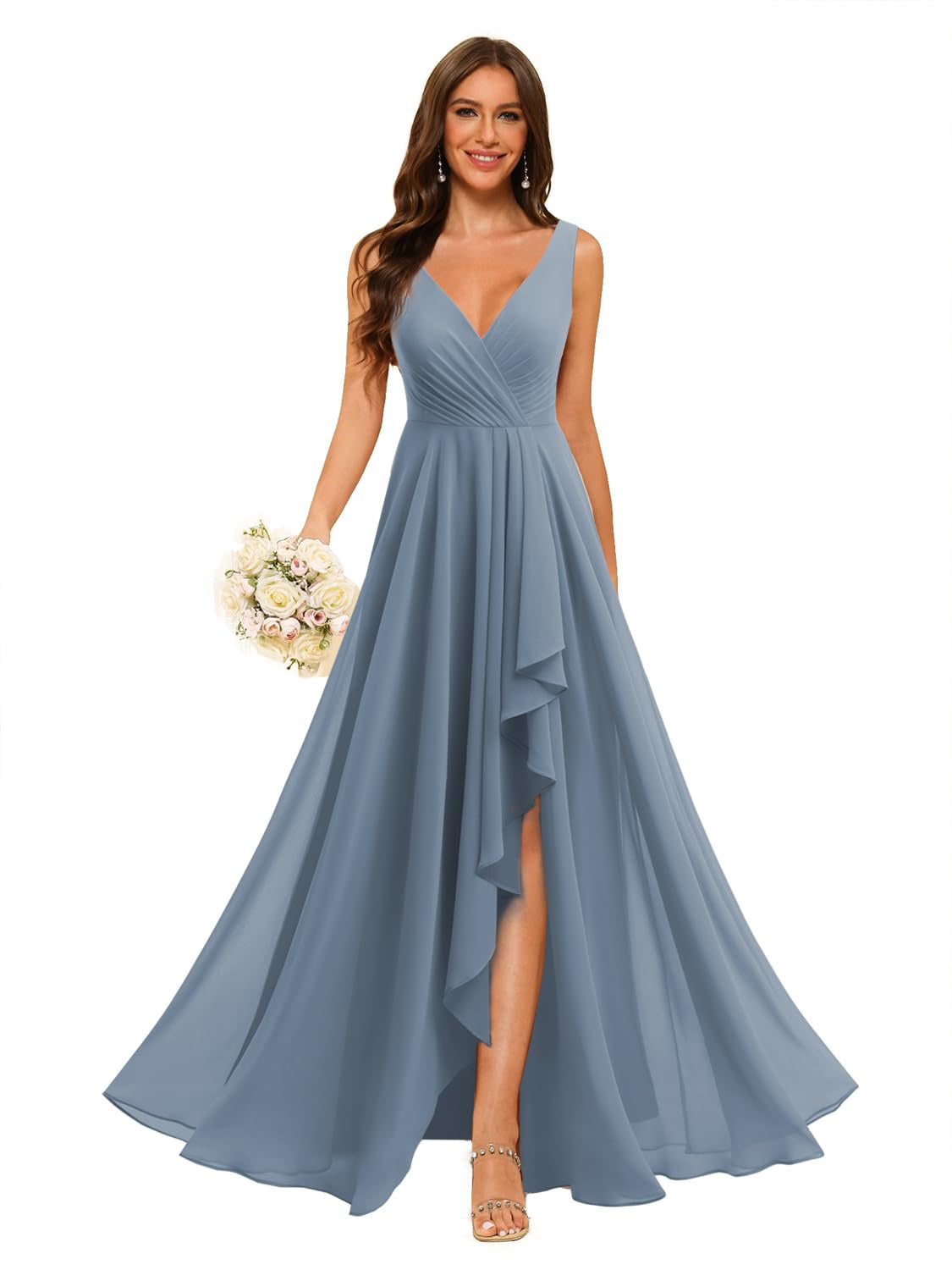 A-Line/Princess V Neck Sleeveless Floor Length Bridesmaid Dresses Chiffon with Slit Pockets