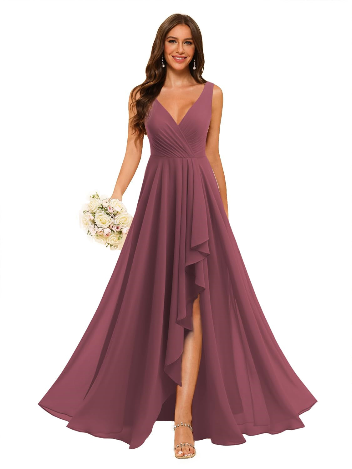A-Line/Princess V Neck Sleeveless Floor Length Bridesmaid Dresses Chiffon with Slit Pockets
