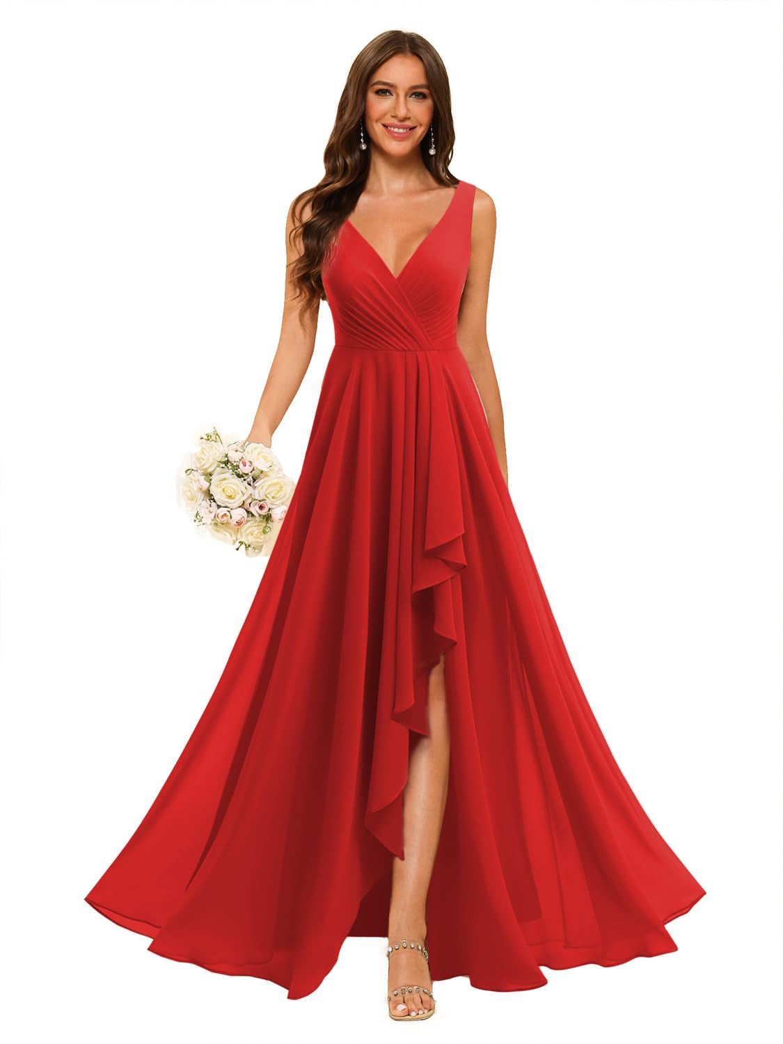 A-Line/Princess V Neck Sleeveless Floor Length Bridesmaid Dresses Chiffon with Slit Pockets