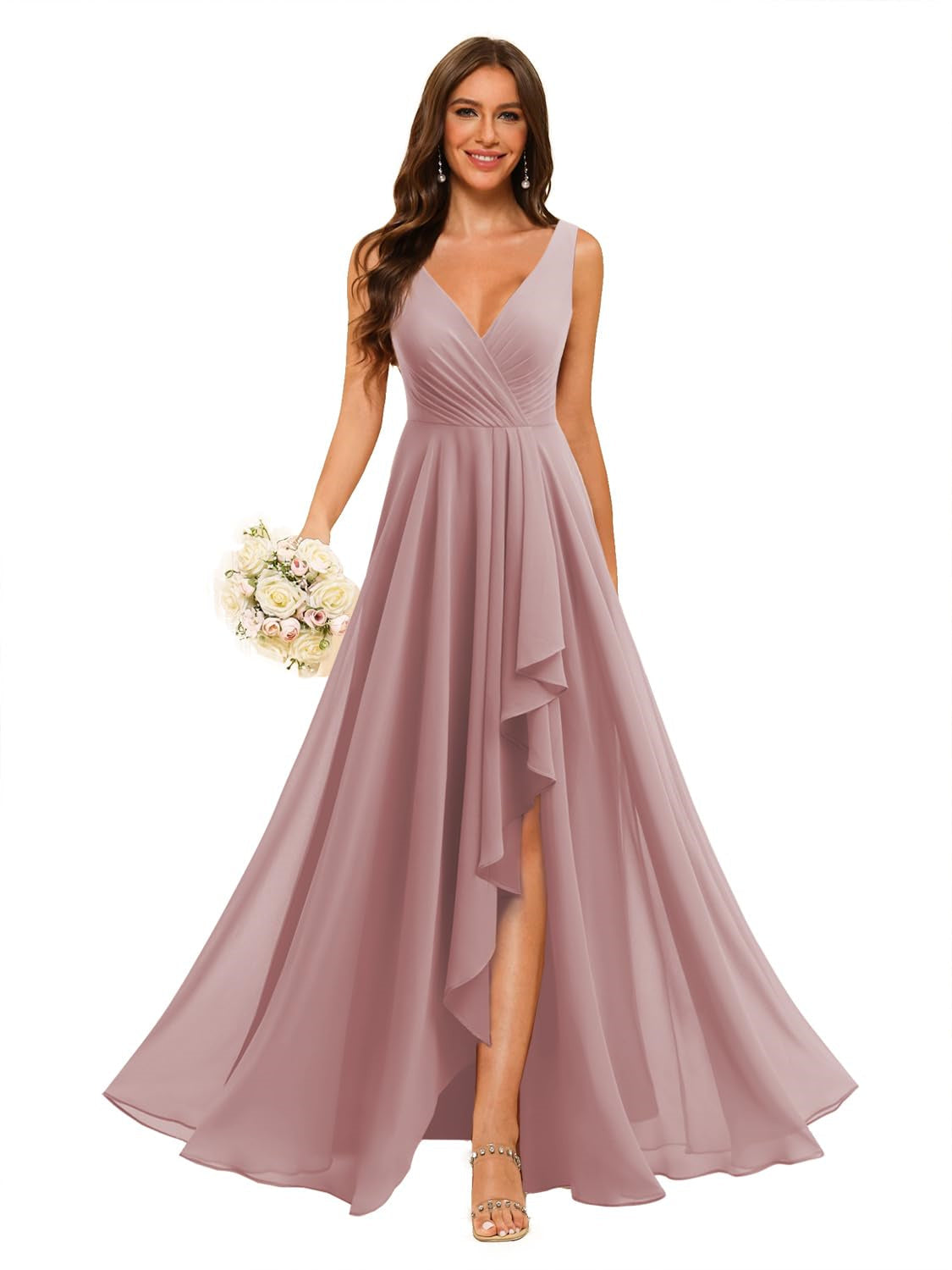 A-Line/Princess V Neck Sleeveless Floor Length Bridesmaid Dresses Chiffon with Slit Pockets