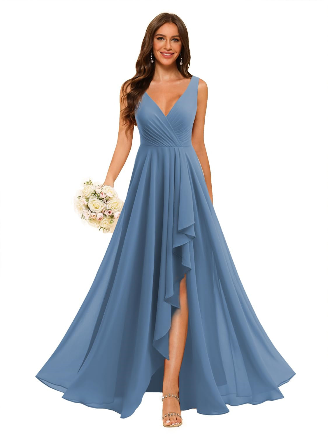 A-Line/Princess V Neck Sleeveless Floor Length Bridesmaid Dresses Chiffon with Slit Pockets