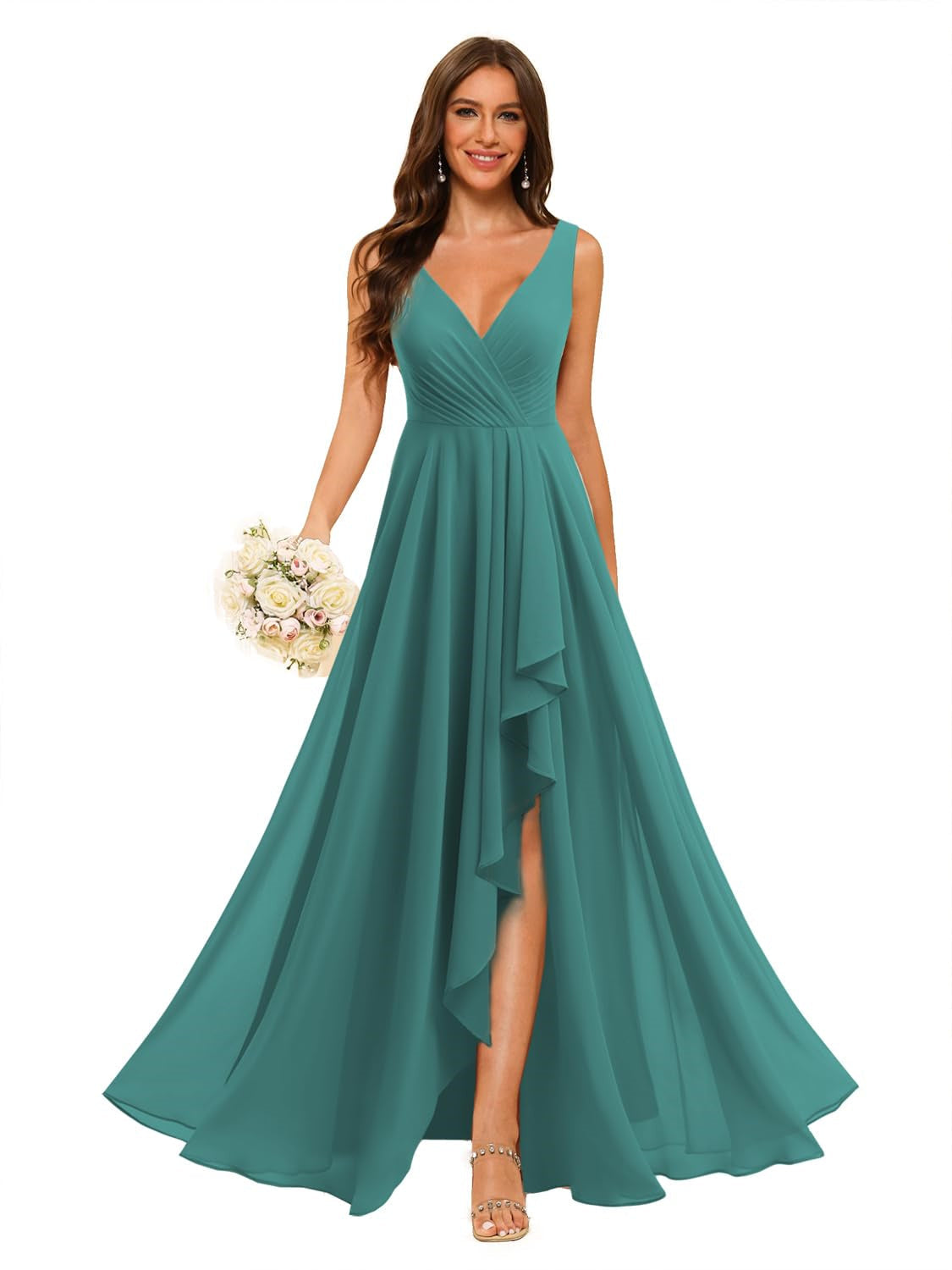 A-Line/Princess V Neck Sleeveless Floor Length Bridesmaid Dresses Chiffon with Slit Pockets