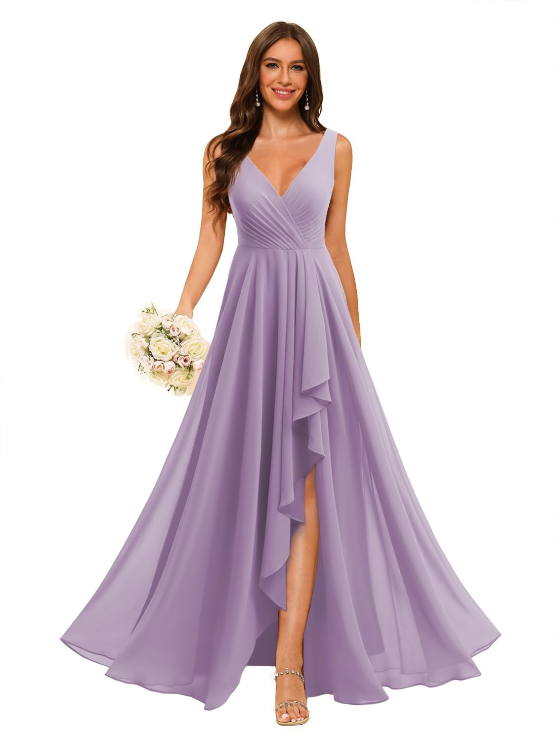 A-Line/Princess V Neck Sleeveless Floor Length Bridesmaid Dresses Chiffon with Slit Pockets