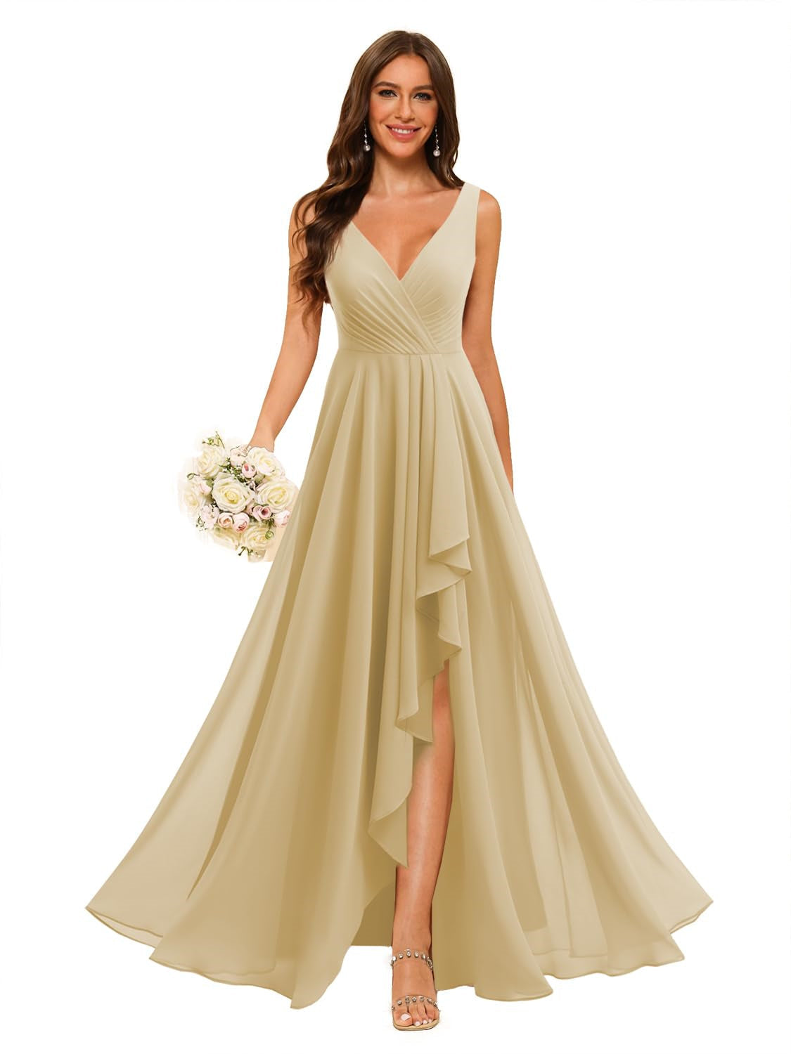 A-Line/Princess V Neck Sleeveless Floor Length Bridesmaid Dresses Chiffon with Slit Pockets