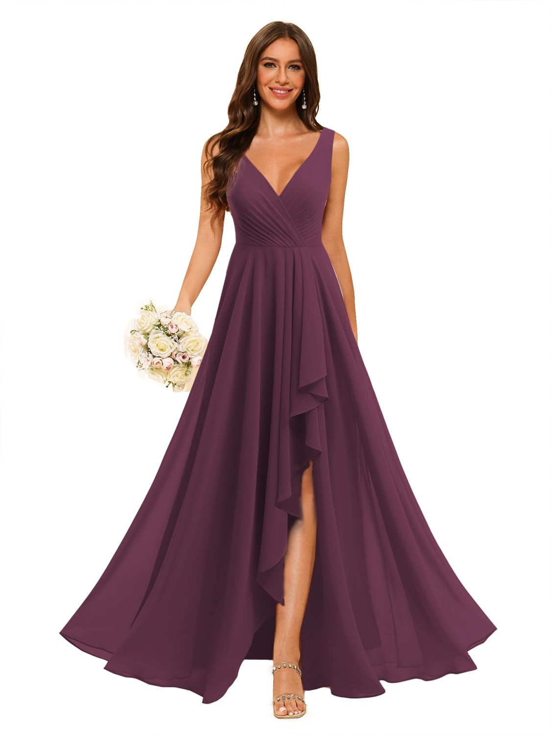 A-Line/Princess V Neck Sleeveless Floor Length Bridesmaid Dresses Chiffon with Slit Pockets