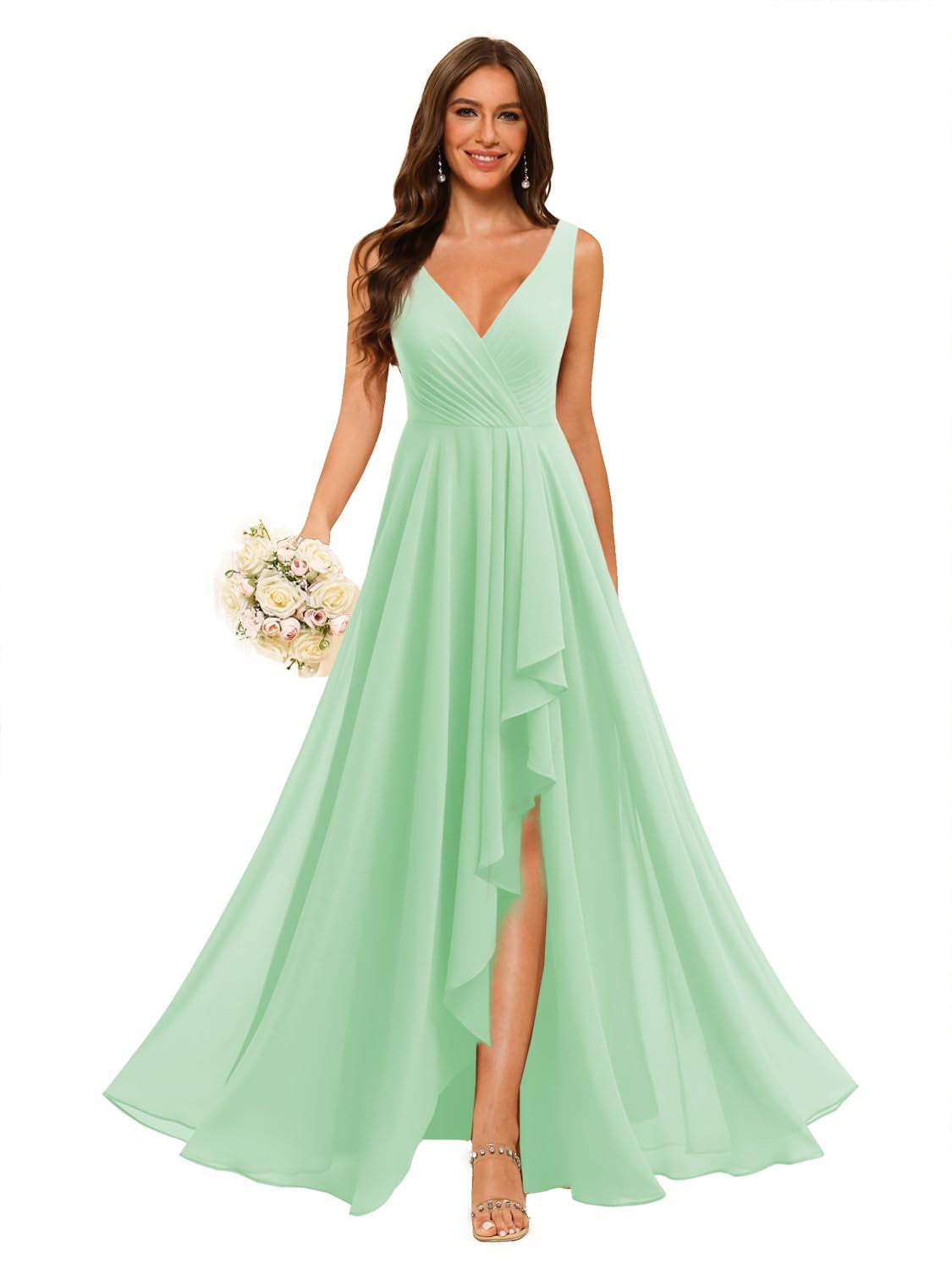 A-Line/Princess V Neck Sleeveless Floor Length Bridesmaid Dresses Chiffon with Slit Pockets