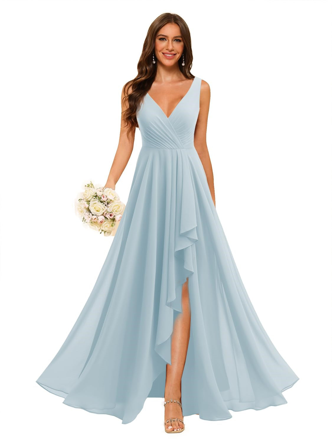 A-Line/Princess V Neck Sleeveless Floor Length Bridesmaid Dresses Chiffon with Slit Pockets