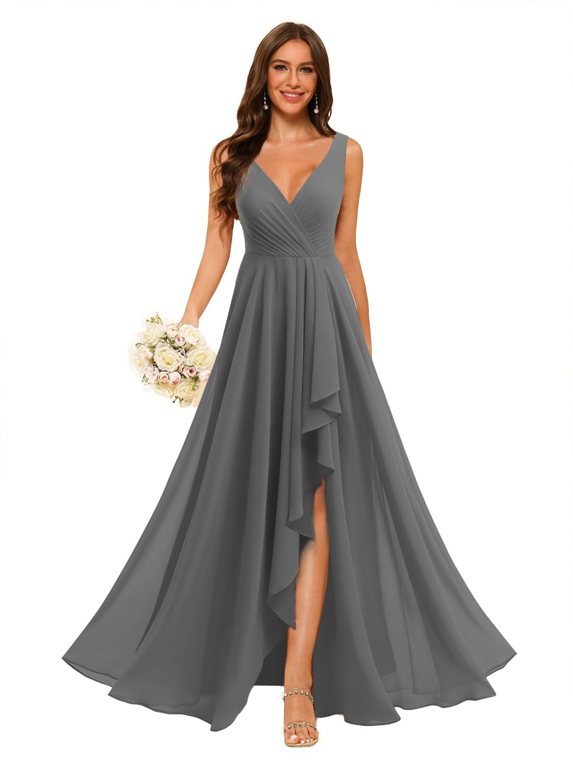 A-Line/Princess V Neck Sleeveless Floor Length Bridesmaid Dresses Chiffon with Slit Pockets