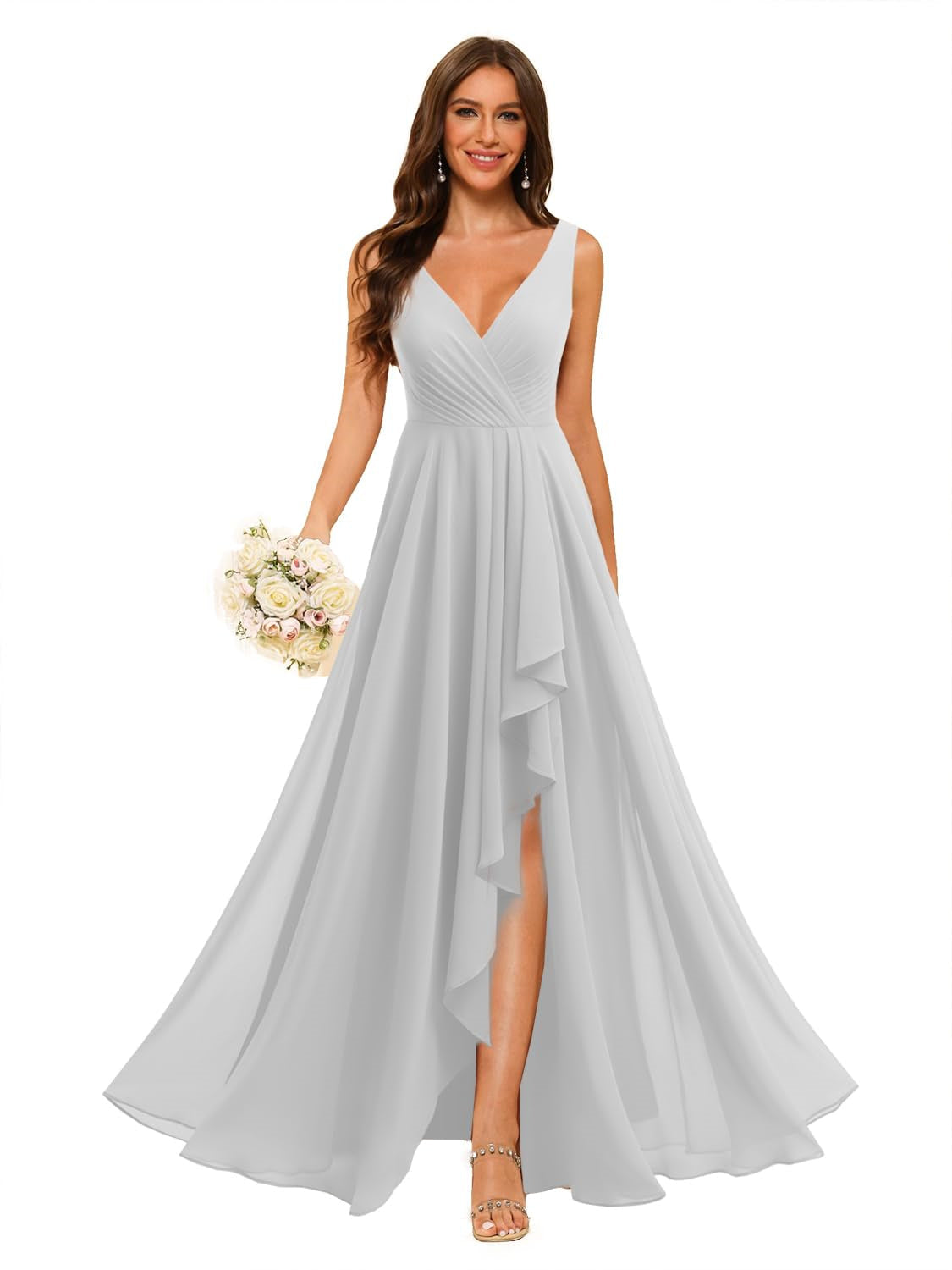 A-Line/Princess V Neck Sleeveless Floor Length Bridesmaid Dresses Chiffon with Slit Pockets