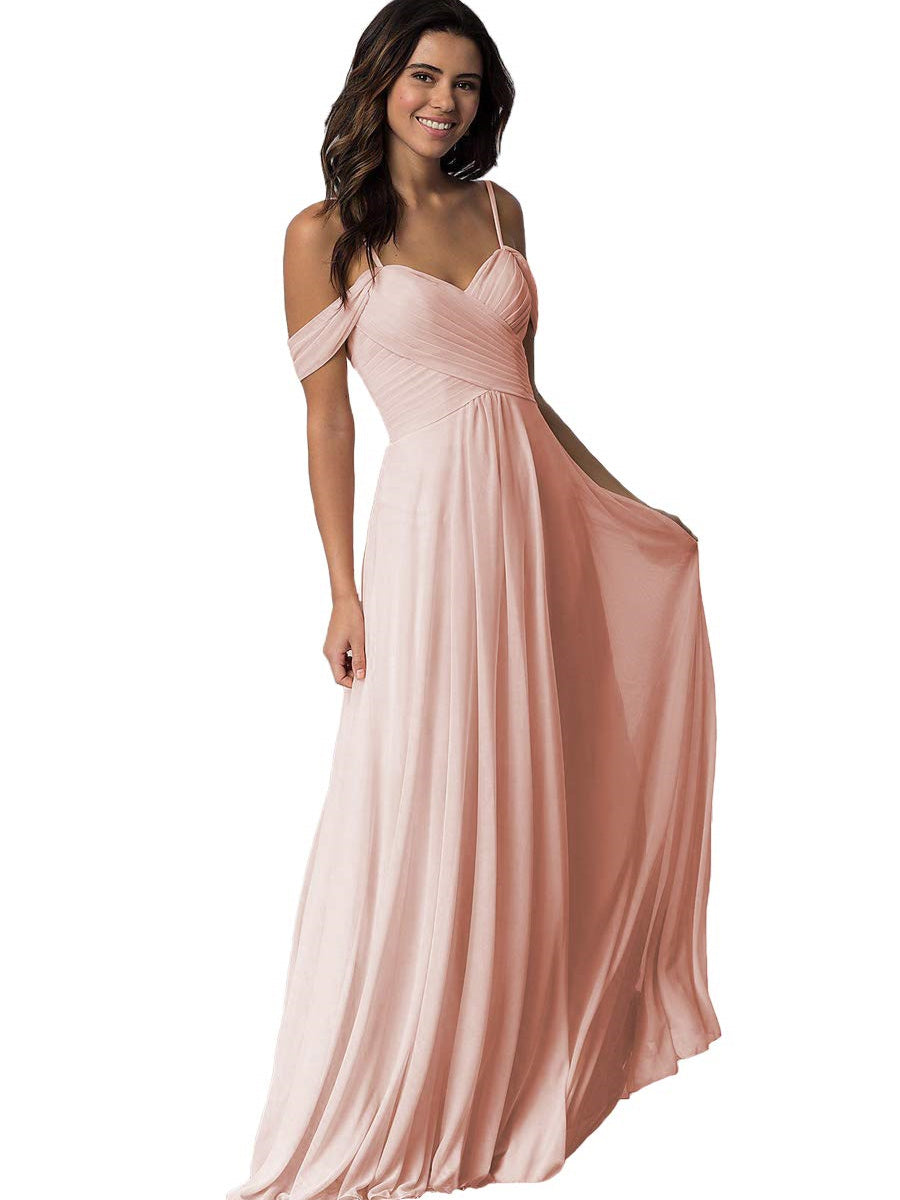 A Line/Princess Sweetheart Off Shoulder Sleeveless Floor Length Bridesmaid Dresses with Pockets Chiffon