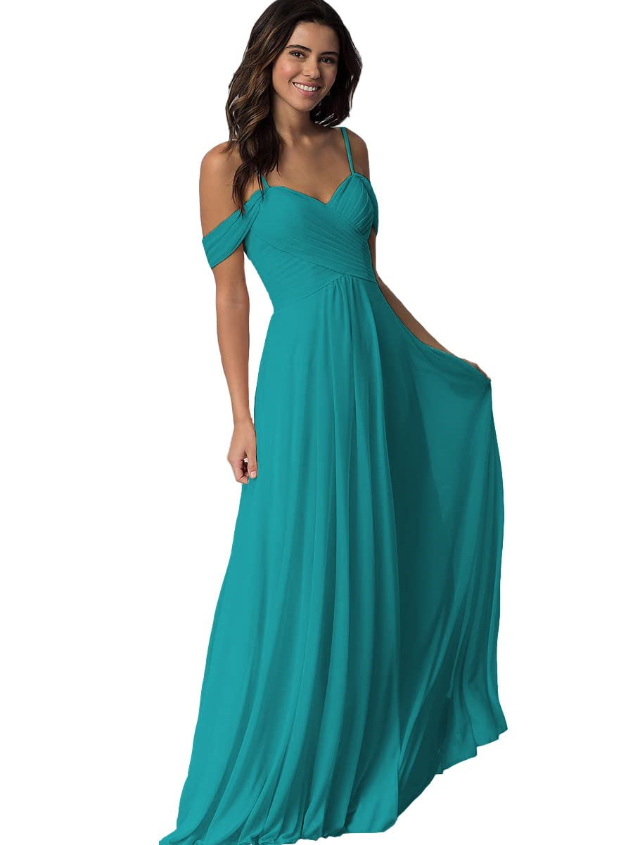 A Line/Princess Sweetheart Off Shoulder Sleeveless Floor Length Bridesmaid Dresses with Pockets Chiffon