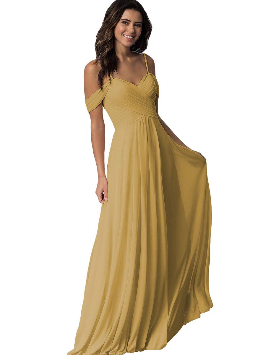 A Line/Princess Sweetheart Off Shoulder Sleeveless Floor Length Bridesmaid Dresses with Pockets Chiffon
