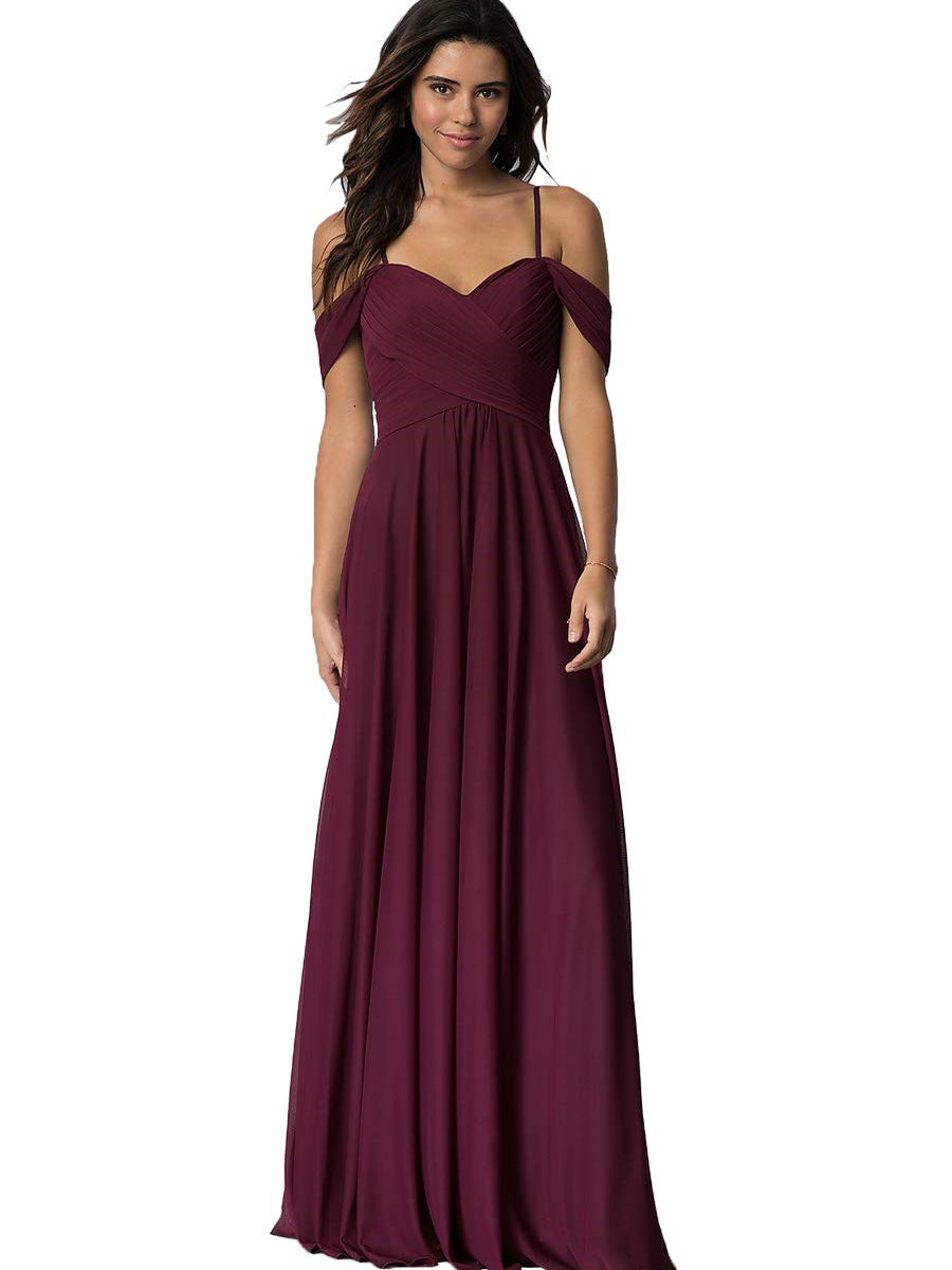 A Line/Princess Sweetheart Off Shoulder Sleeveless Floor Length Bridesmaid Dresses with Pockets Chiffon