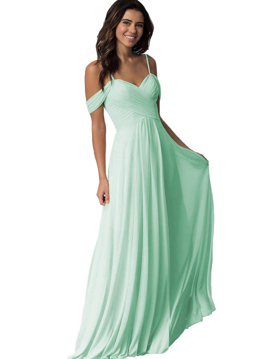 A Line/Princess Sweetheart Off Shoulder Sleeveless Floor Length Bridesmaid Dresses with Pockets Chiffon