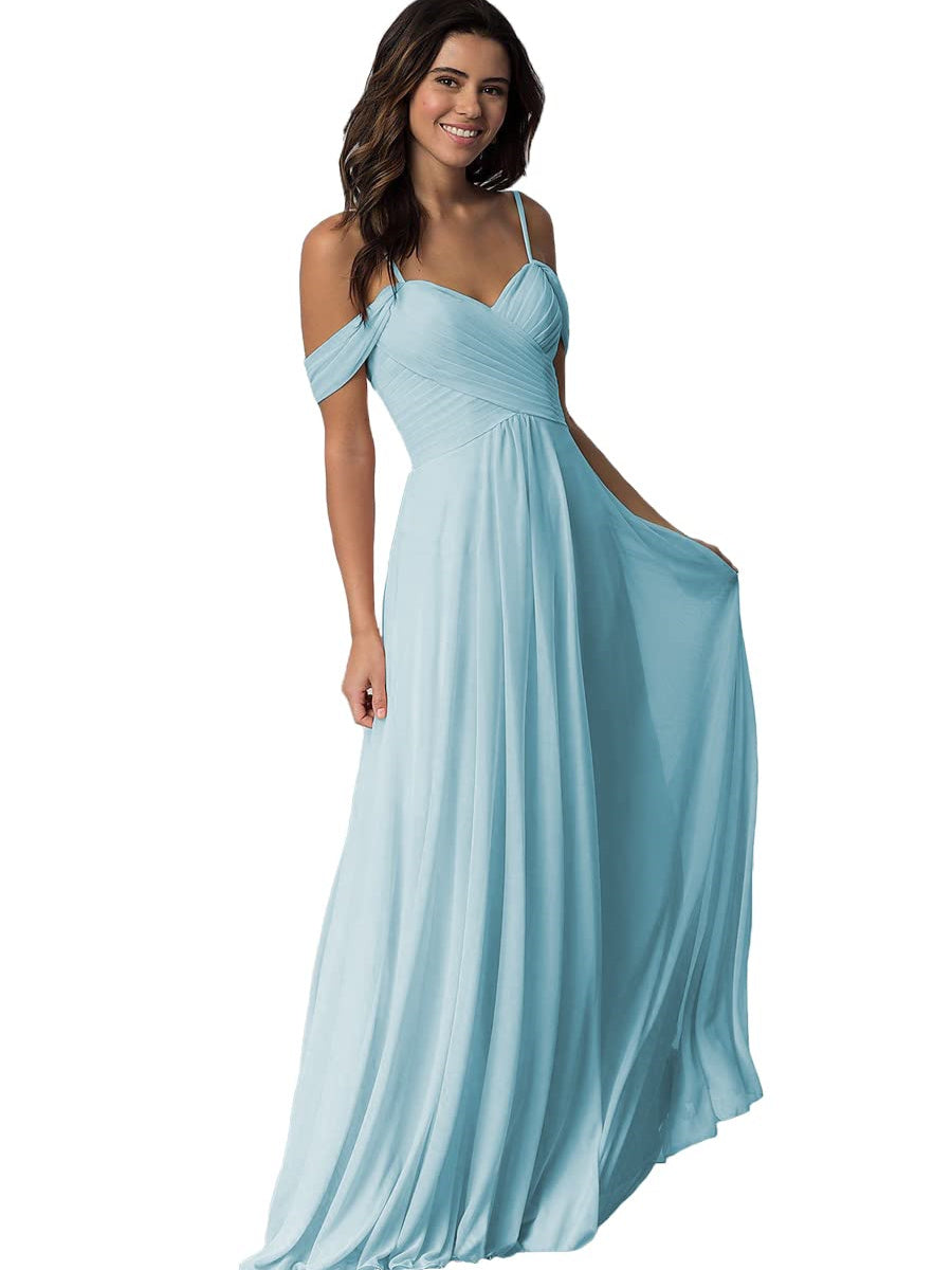 A Line/Princess Sweetheart Off Shoulder Sleeveless Floor Length Bridesmaid Dresses with Pockets Chiffon