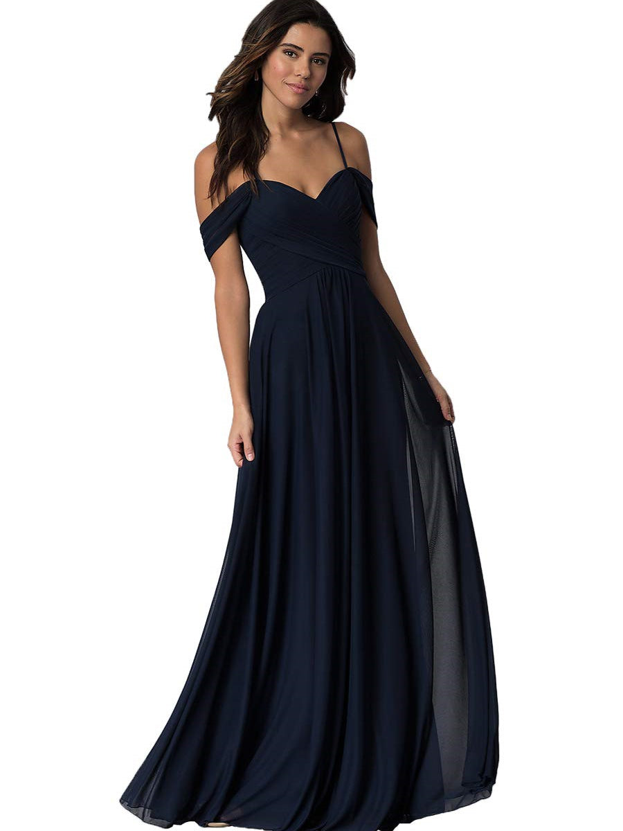 A Line/Princess Sweetheart Off Shoulder Sleeveless Floor Length Bridesmaid Dresses with Pockets Chiffon