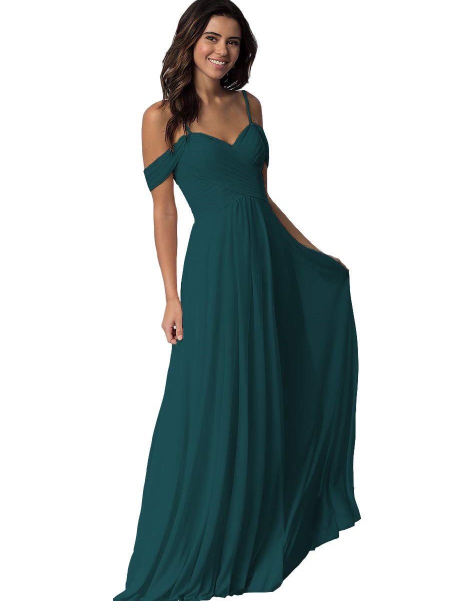 A Line/Princess Sweetheart Off Shoulder Sleeveless Floor Length Bridesmaid Dresses with Pockets Chiffon