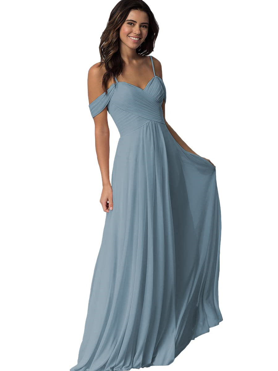 A Line/Princess Sweetheart Off Shoulder Sleeveless Floor Length Bridesmaid Dresses with Pockets Chiffon